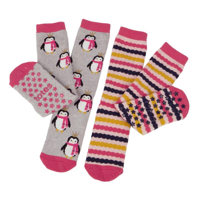 totes toasties Kids Original Novelty Slipper Socks (Twin Pack) Penguin / Stripe Extra Image 2